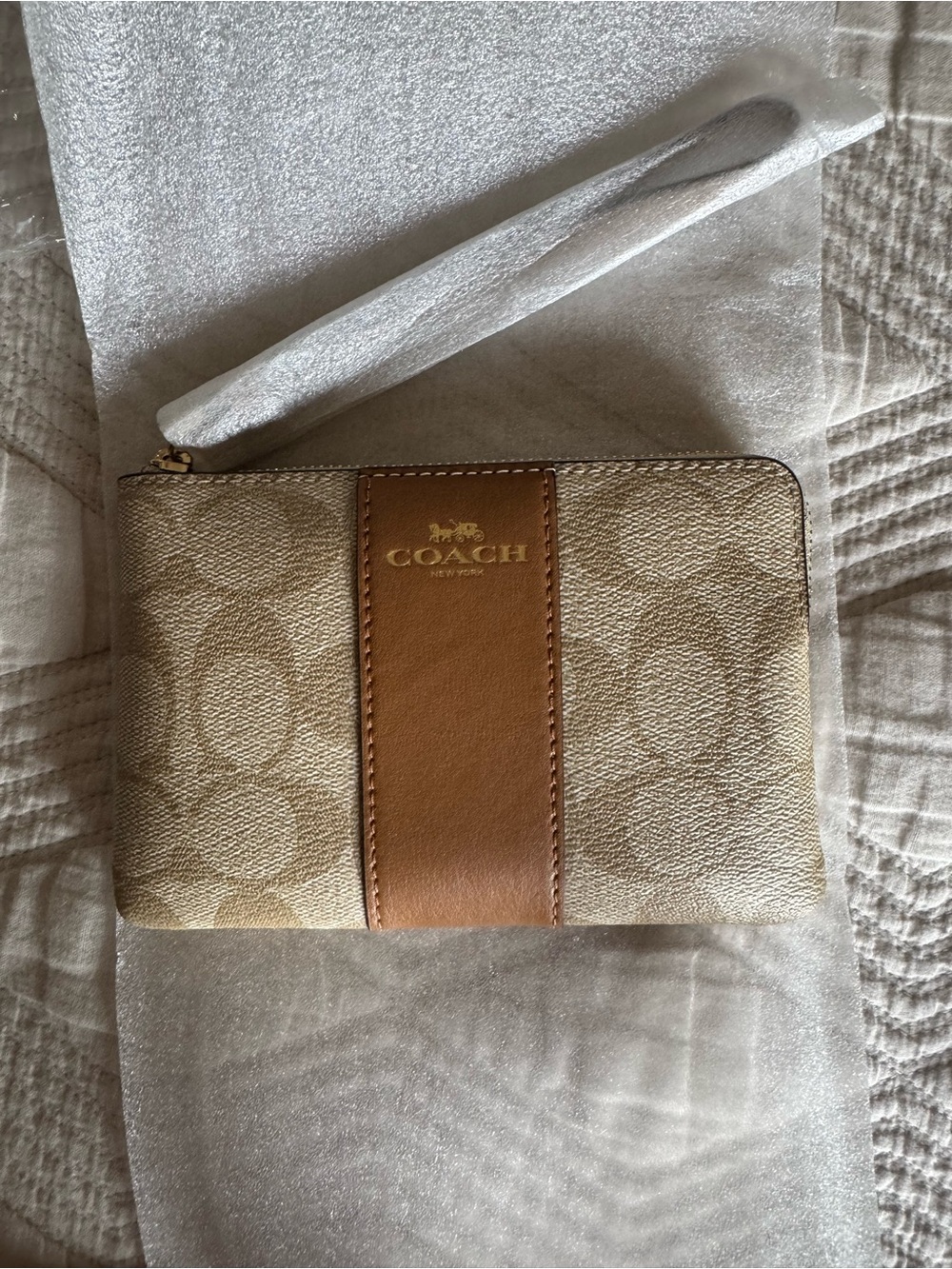 Coach Gold & Brown Signature Zip Wristlet